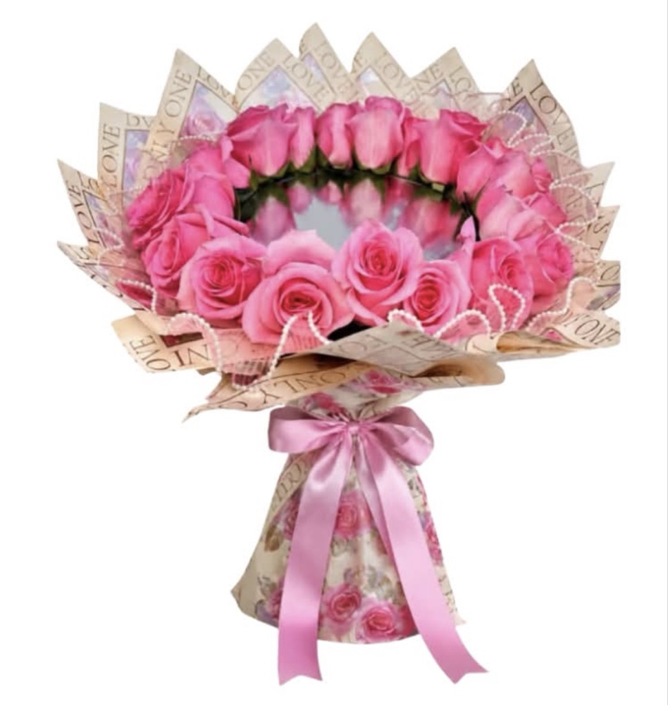 Rose Mirror Bouquet (Roses, Mirror Centerpiece, Pearl Accents Elegantly Wrapped with Ribbon)
