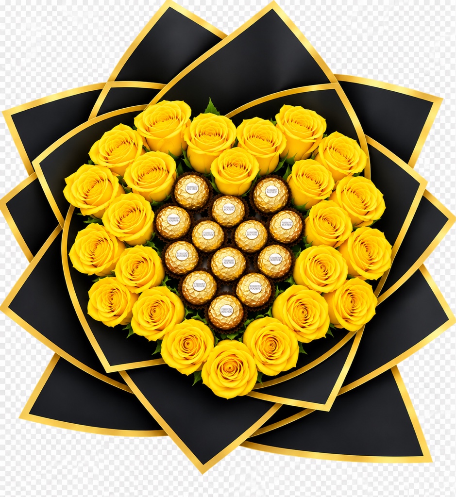 Bouquet of 25 Yellow Roses with 12 Ferrero Rocher chocolates, elegantly wrapped in black and gold paper with a matching ribbon.
