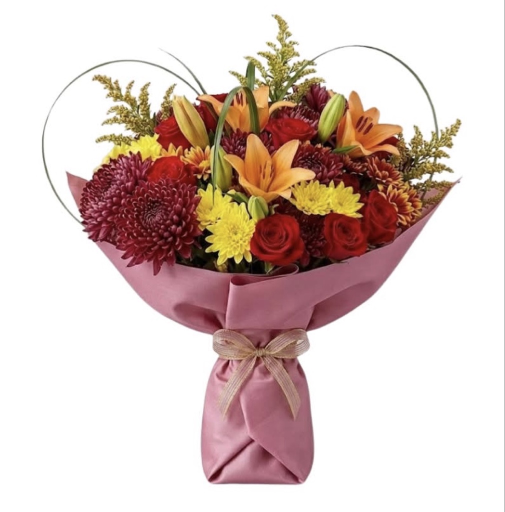 Mixed Floral Bouquet (Red Roses, Orange Lilies, Burgundy and Yellow Chrysanthemums, Solidago, Curly Bear Grass, Greenery Elegantly Wrapped)
