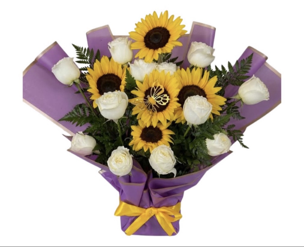 Sunflower and White Rose Bouquet (Sunflowers, White Roses, Green Foliage, Butterfly Accent, Elegantly Wrapped with Ribbon)