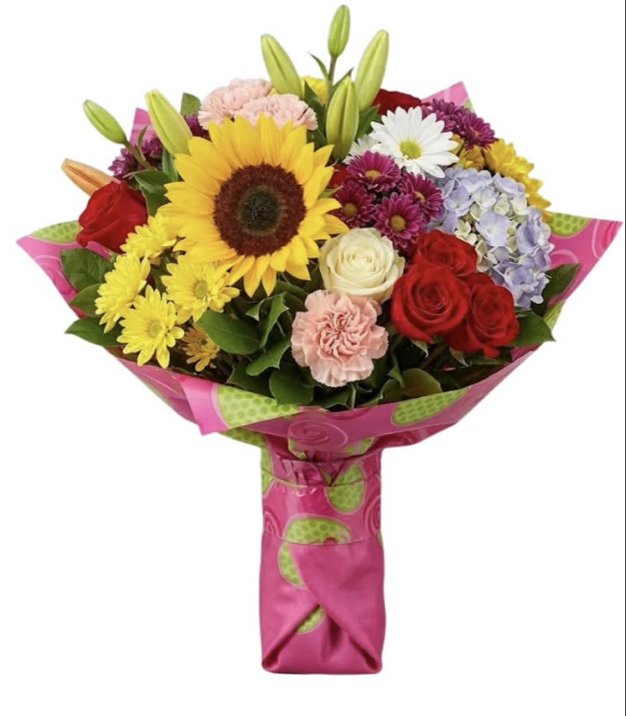 Sunflower Garden Bouquet (Sunflower, Red Roses and Roses, Pink Carnations, Purple and Yellow Chrysanthemums, White Daisies, Hydrangea, Lily Buds, Greenery, Elegantly Wrapped)