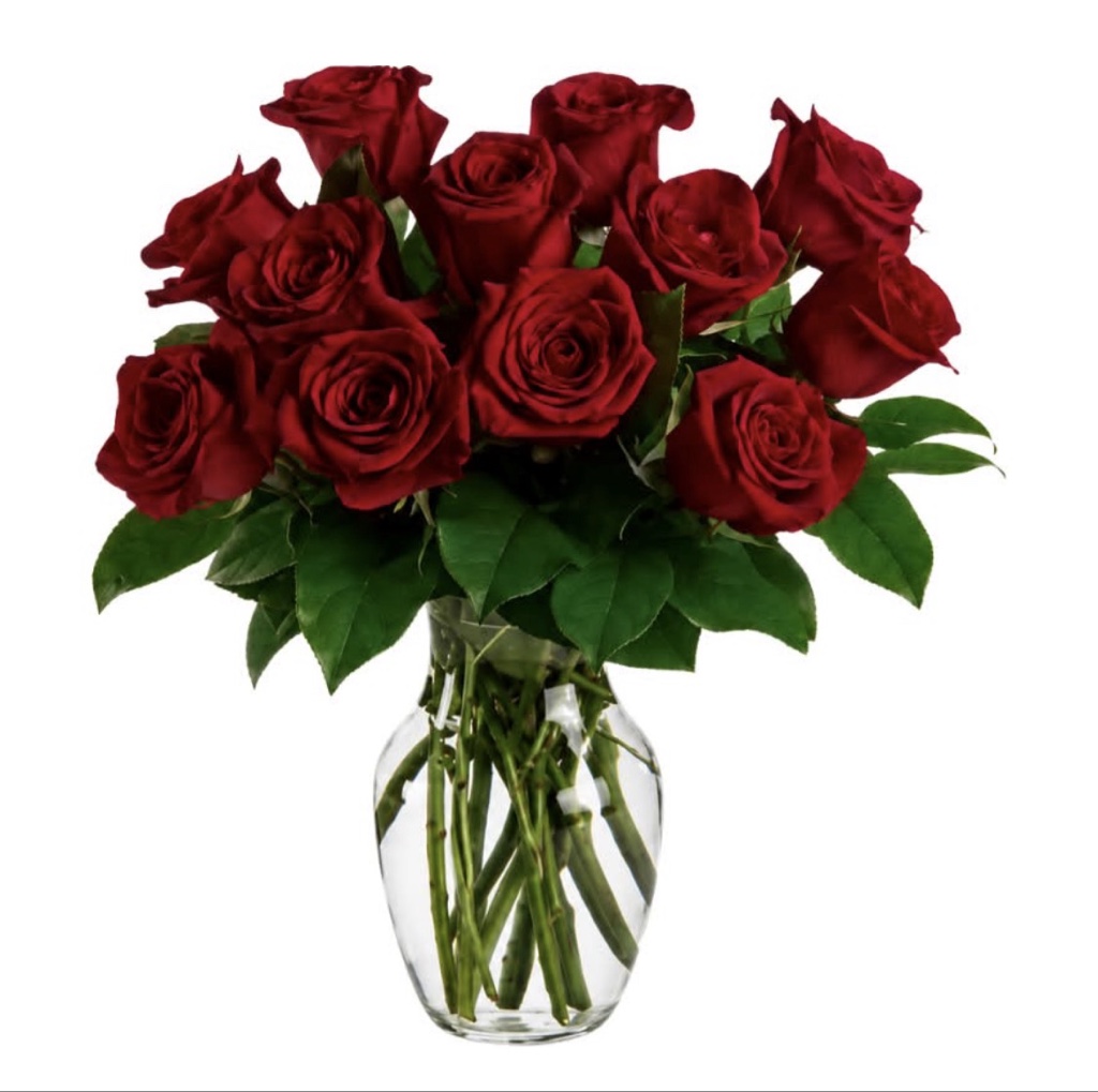 Classic Dozen Red Roses Arrangement (12 Red Roses, Greenery in a Clear Glass Vase)