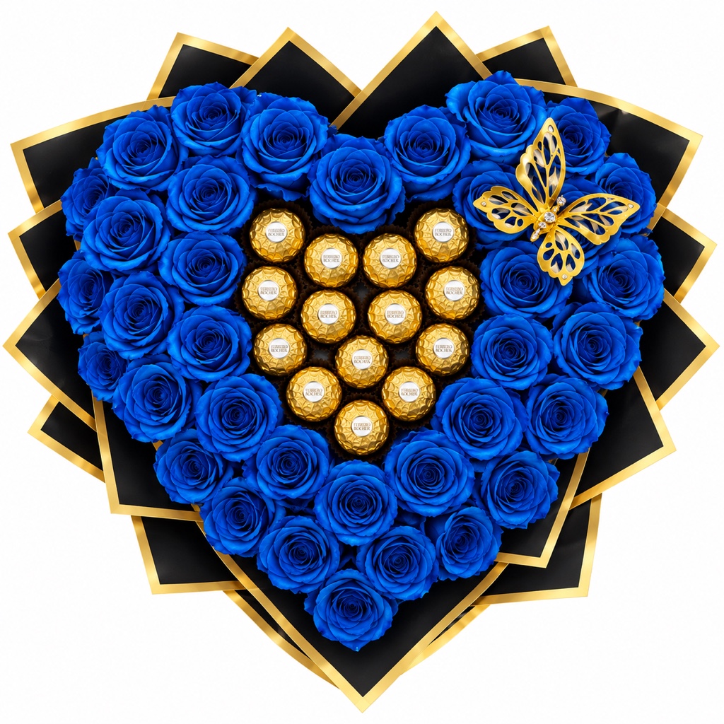 Bouquet of 25 Blue roses with 12 Ferrero Rocher chocolates, elegantly wrapped in black and gold paper with a matching ribbon.