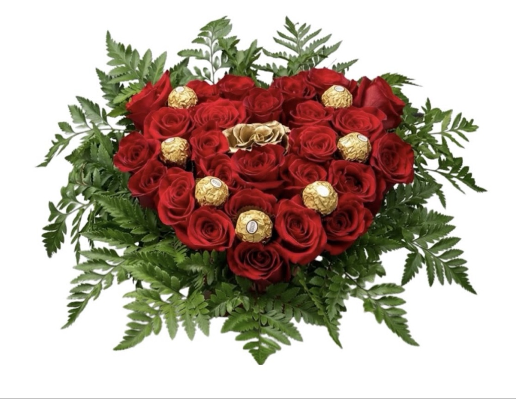 A Box of Heart Red Roses Arrangement (1 Gold Rose, Red Roses, 7 Ferrero Rocher Chocolates, Greenery in an Arrangement)