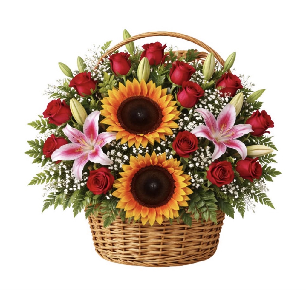 Sunflower, Rose and Lily Basket Arrangement (Sunflowers, Red Roses, Pink Stargazer Lilies, Baby's Breath, Greenery in a Basket)