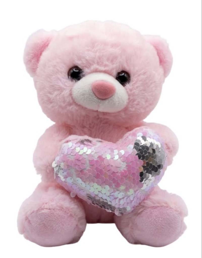 Pink Teddy Bear with Sequin Heart (7.8 Inch) (1 Each)