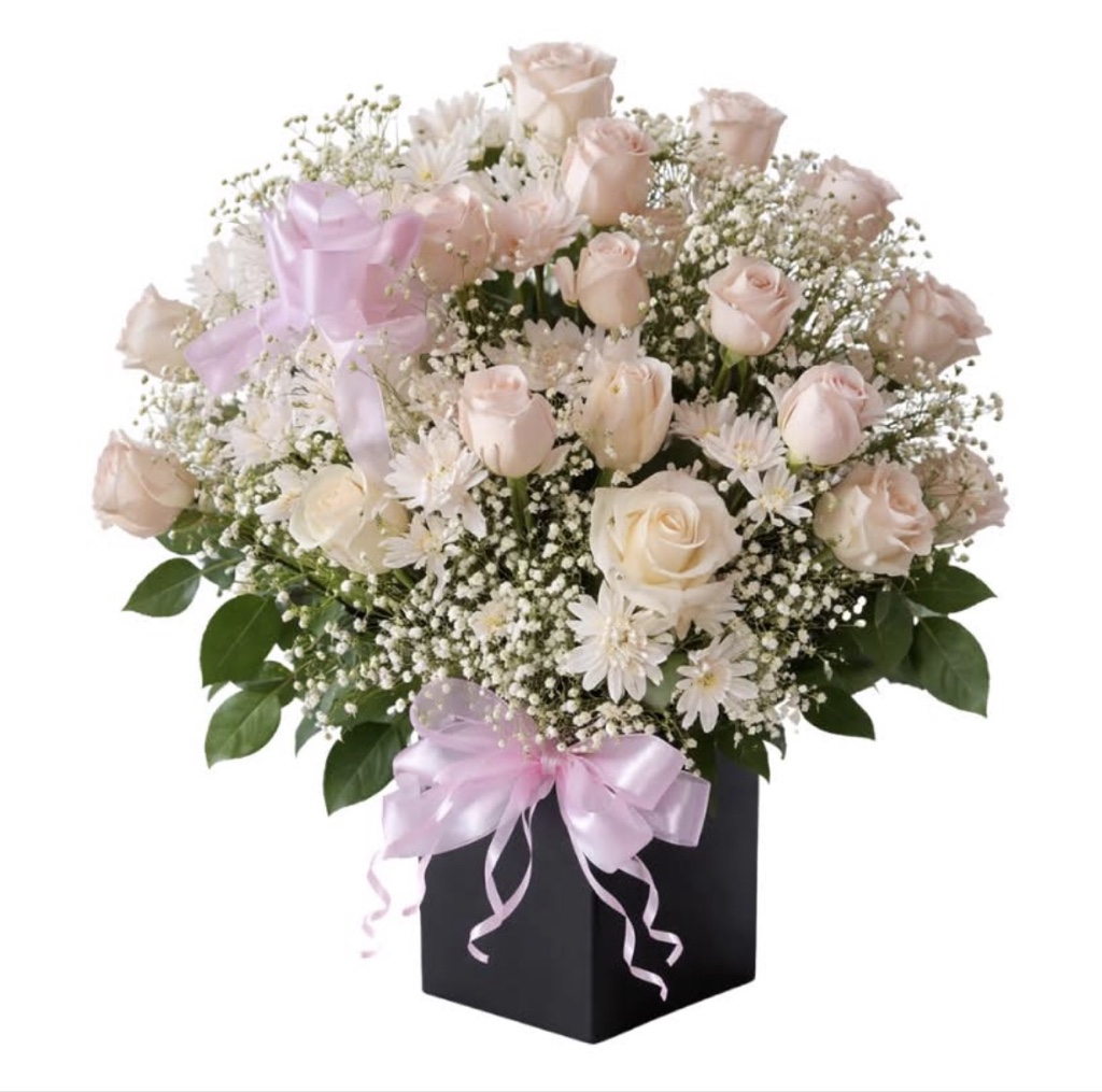White Rose and Daisy Arrangement (White Roses and Daisies, Baby's Breath, Greenery in a Vase with Ribbon Bow)