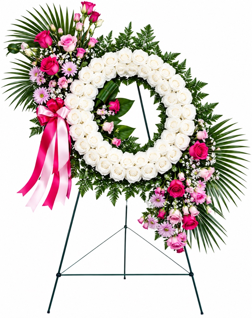Pink Funeral Wreath Arrangement (White  and Pink Roses, Pink Carnations and Chrysanthemums, Leatherleaf Fern, Palm Leaves, Greenery on a Stand with Ribbon)