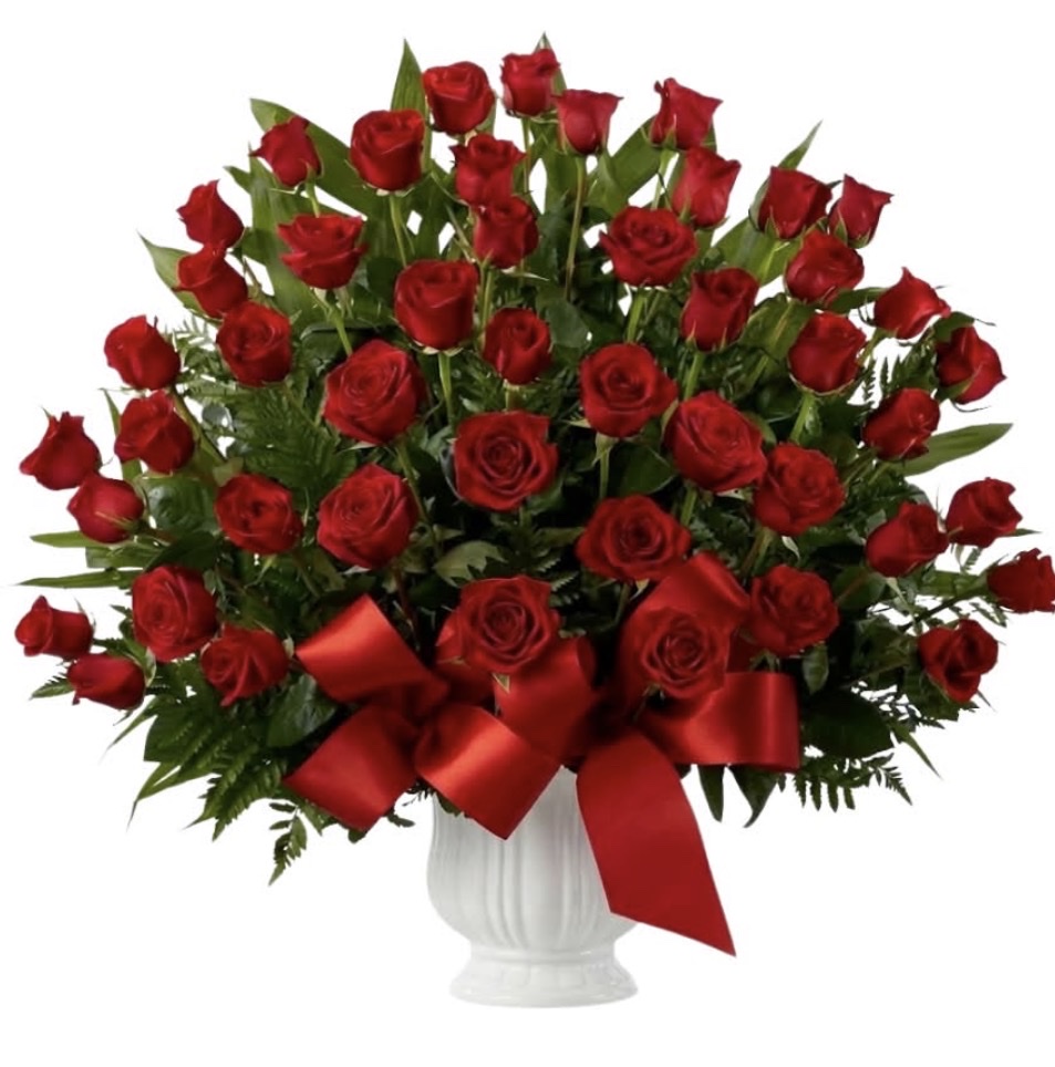 Cup Base Rose Arrangement (Roses, Greenery in a Cup Base with Ribbon Bow)