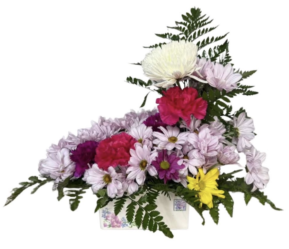 Mother's Envelope Porcelain Vase Mix Color Arrangement (White and Light Pink Chrysanthemum, Pink and Purple Carnations, Yellow Daisy, Greenery in an Envelope Porcelain Vase)