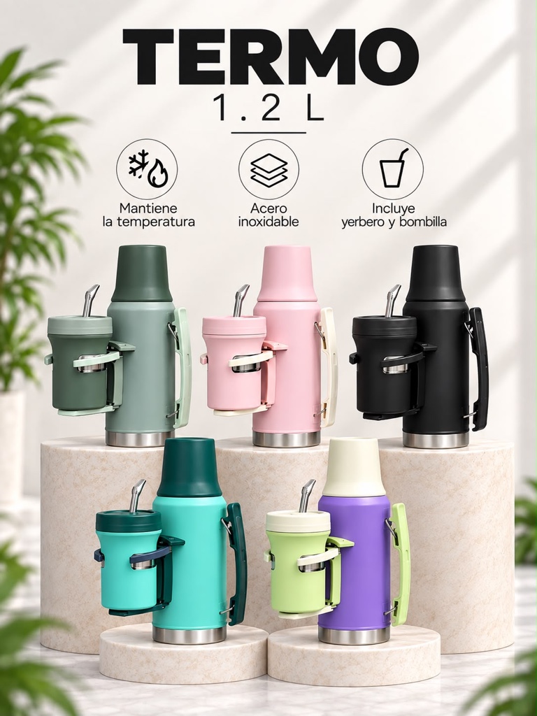 TERMICO TERMO 1.2L + YERBERA + TAPA MATE + BOMBILLA COMBINADO