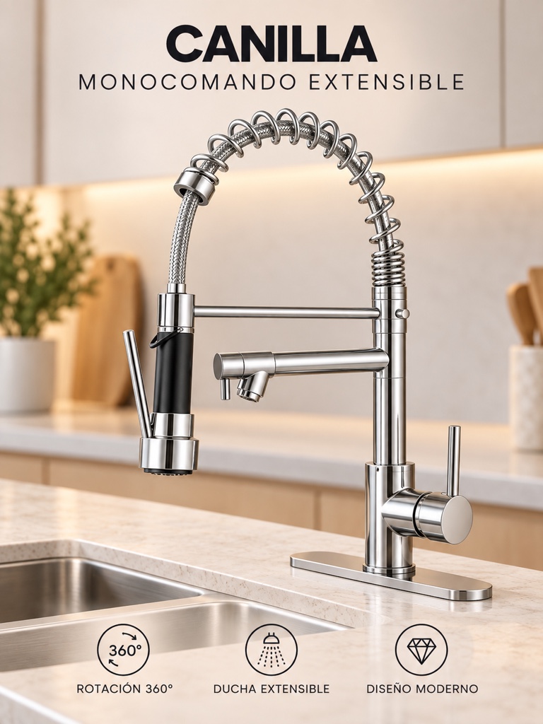 COCINA CANILLA MONOCOMANDO EXTENSIBLE CON PICO GIRATORIO Y FLEXIBLE PLATEADA