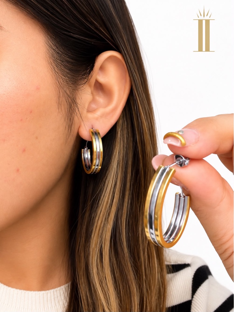 Aretes arracadas óvalo, oro-plata, acero inoxidable