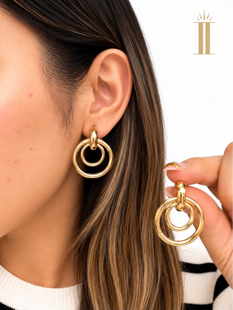 Aretes dorados, doble aro, grande, chapa de oro