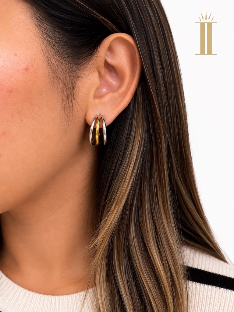 Aretes arracadas pequeña triple, oro-plata, acero inoxidable