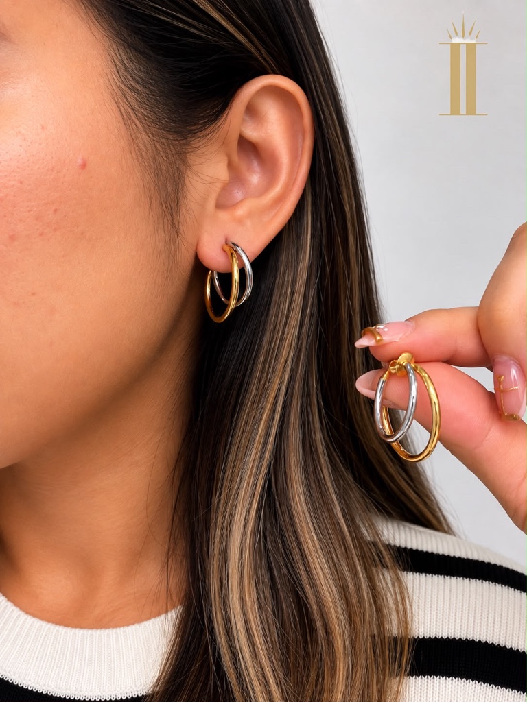 Aretes arracada grande, oro-plata, acero inoxidable