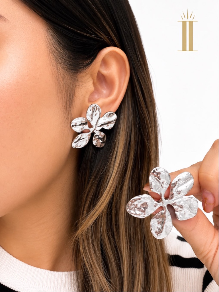 Aretes plateados flor, acero inoxidable