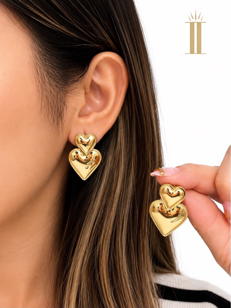 Aretes colgante corazón, dorado, acero inoxidable