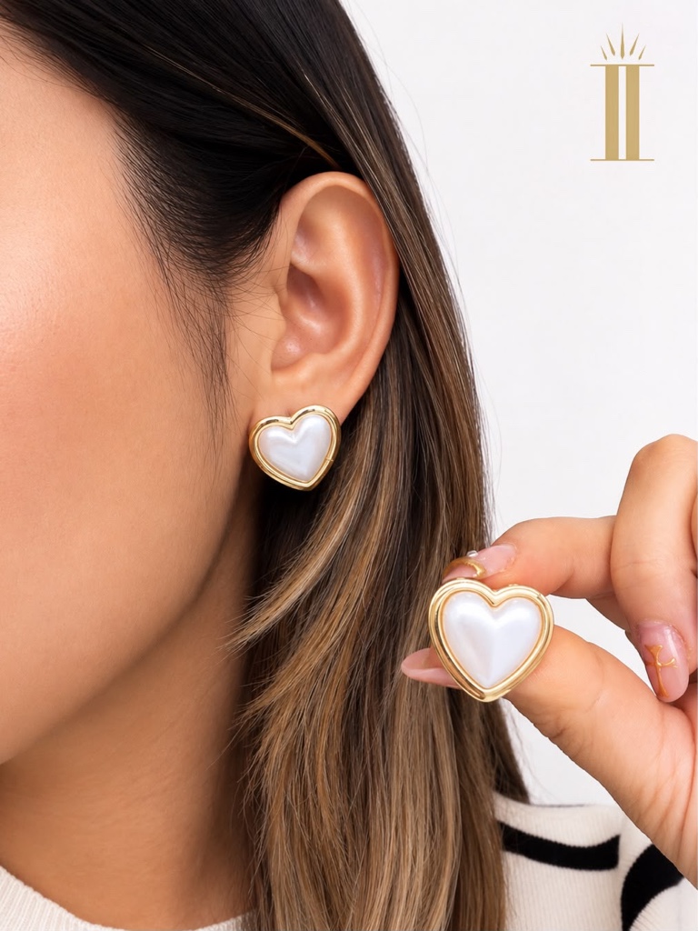 Aretes corazón concha nácar, dorado, acero inoxidable