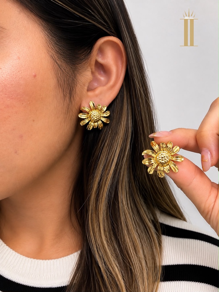 Aretes dorados margaritas, acero inoxidable