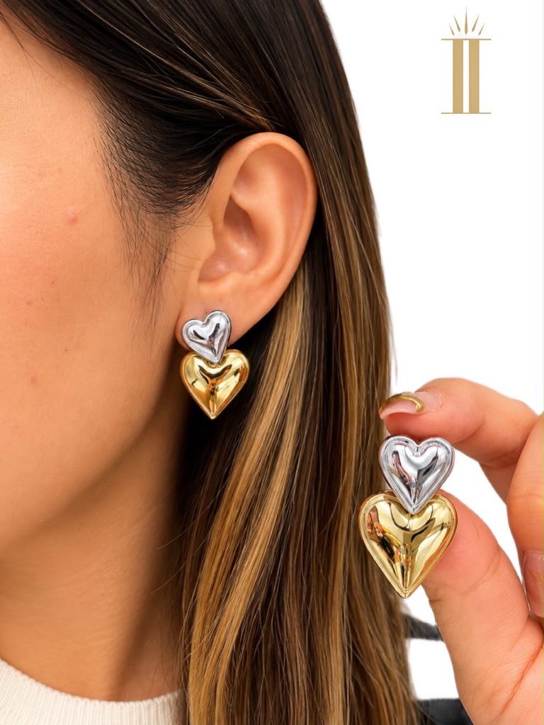 Aretes colgantes corazón oro-plata, acero inoxidable