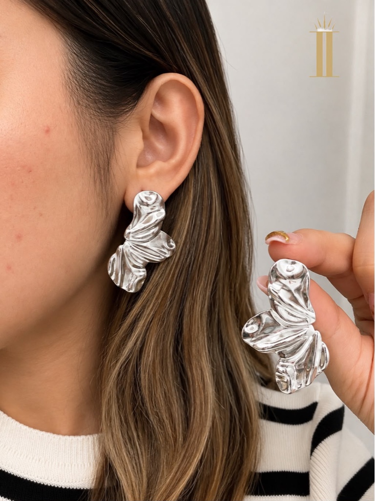 Aretes plateados hoja arrugada, acero inoxidable