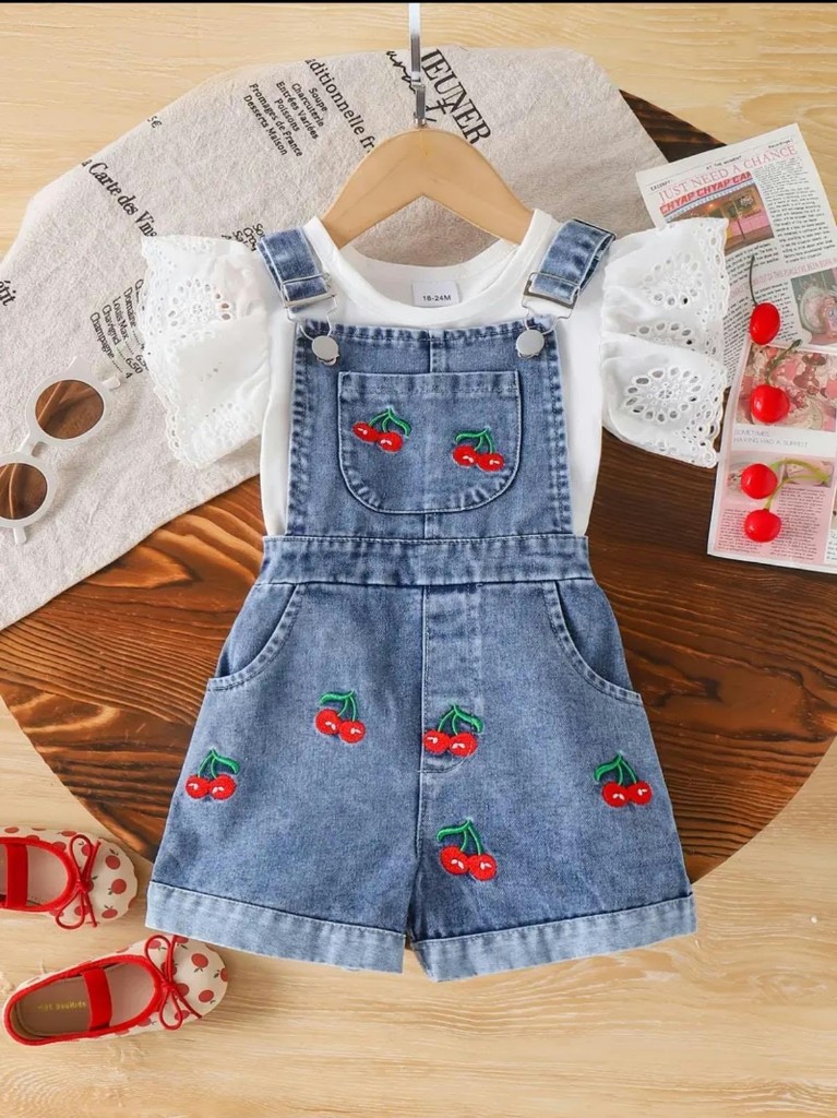 Overol short cerezas bordadas