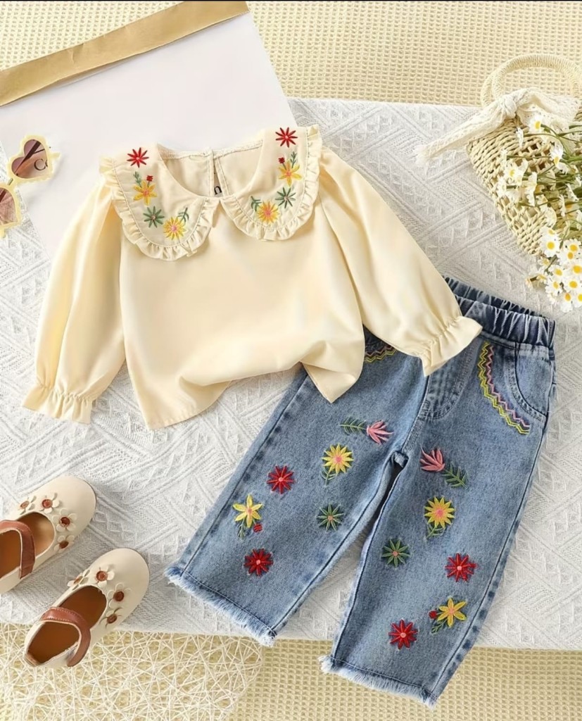 Conjunto floral bordado y jean