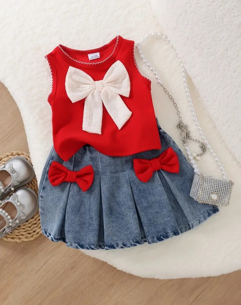 Conjunto rojo falda denim lazo rojo