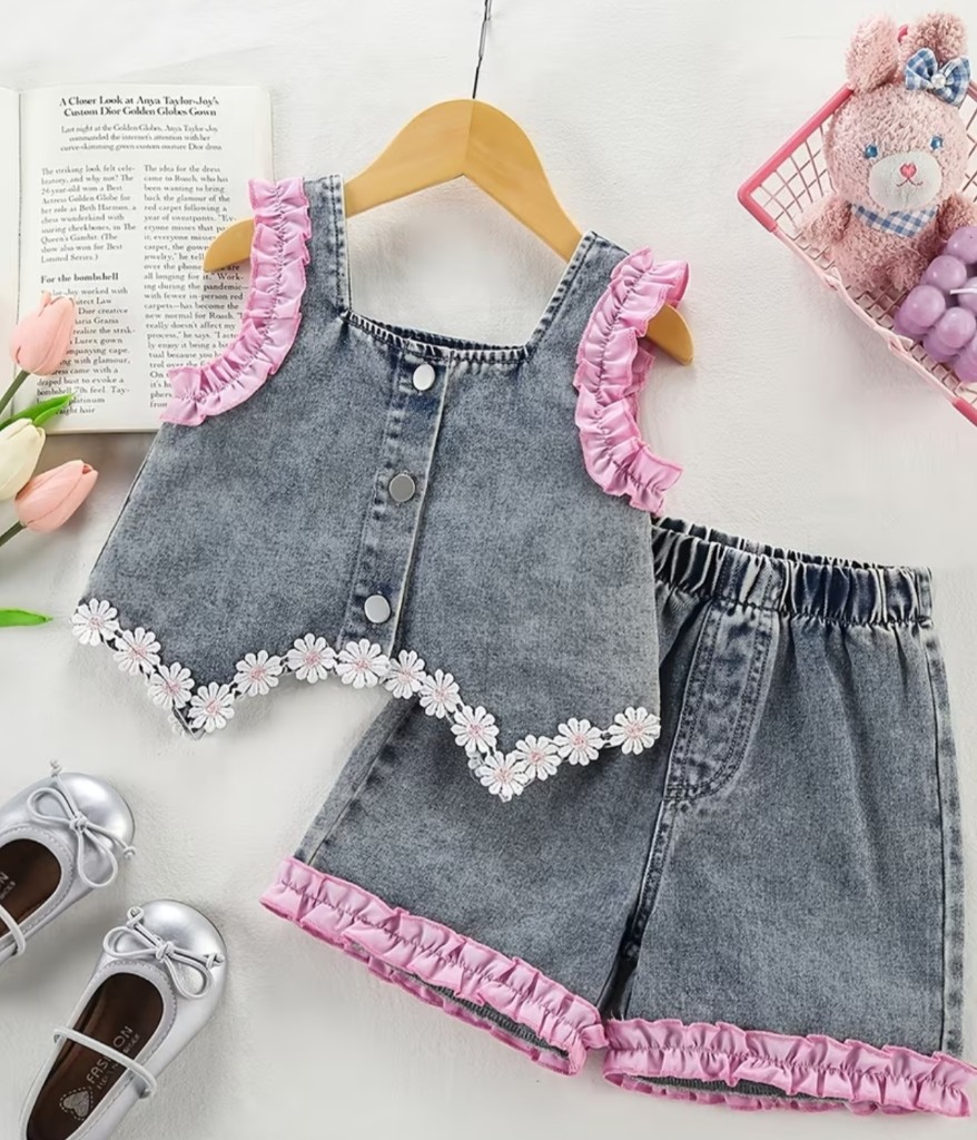 Conjunto short jean bordado lila niña
