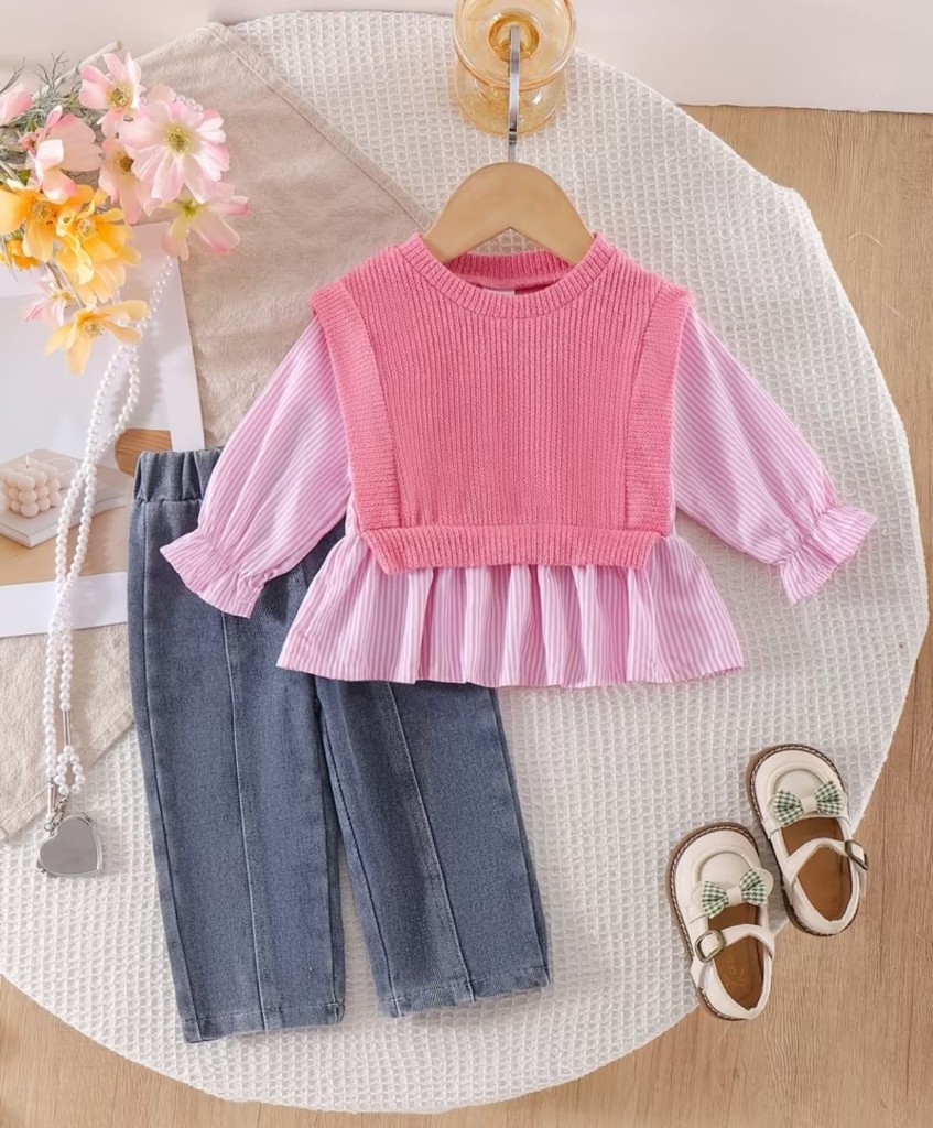 Conjunto rosa infantil chaleco con jean