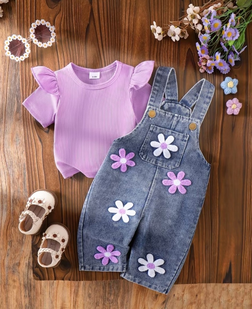 Conjunto overol lilas floral manga corta
