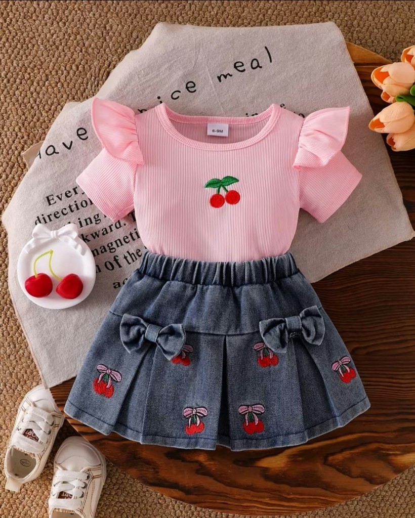Conjunto falda jean y blusa rosa cerezas