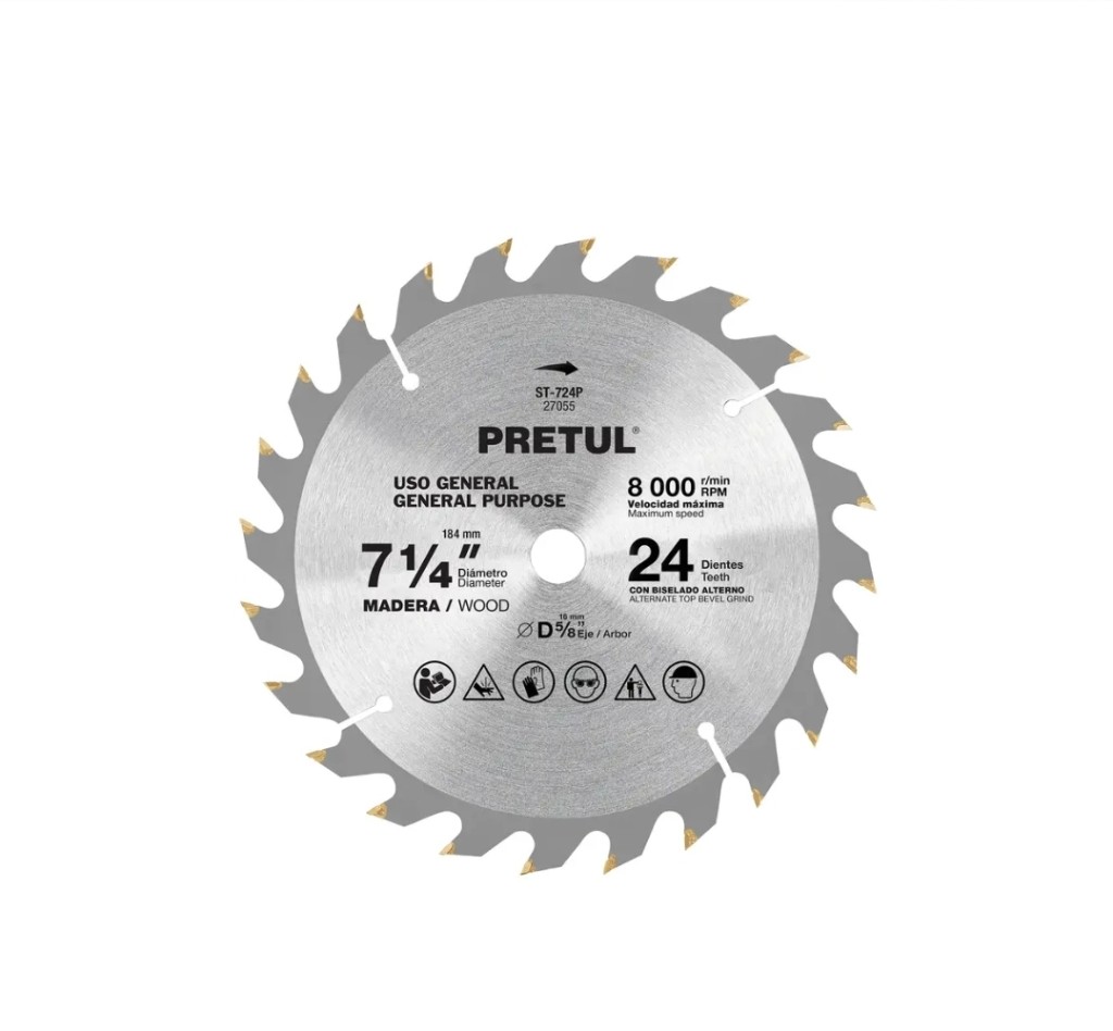 DISCO SIERRA 7-1/4"" P/MADERA, 24 DIENTES CENTRO 5/8"", PRETUL"