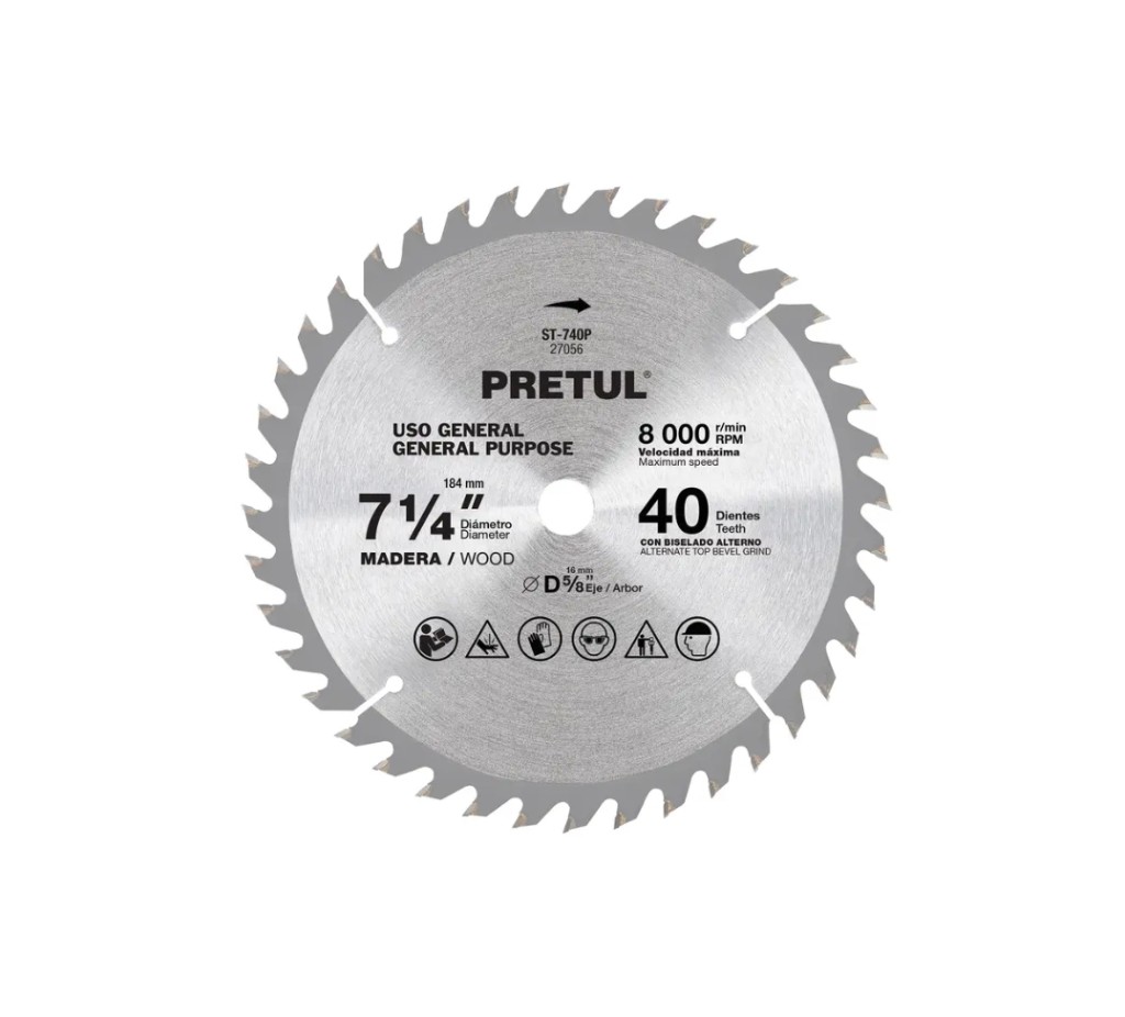 DISCO SIERRA 7-1/4"" P/MADERA, 40 DIENTES CENTRO 5/8"", PRETUL