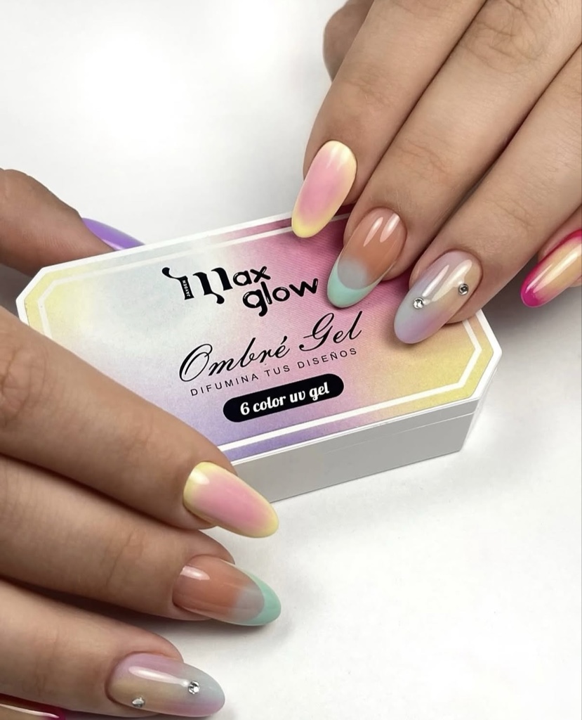 Maxglow Ombre Gel Caja blanca y multicolor, formato cuadrado, gel para uñas
