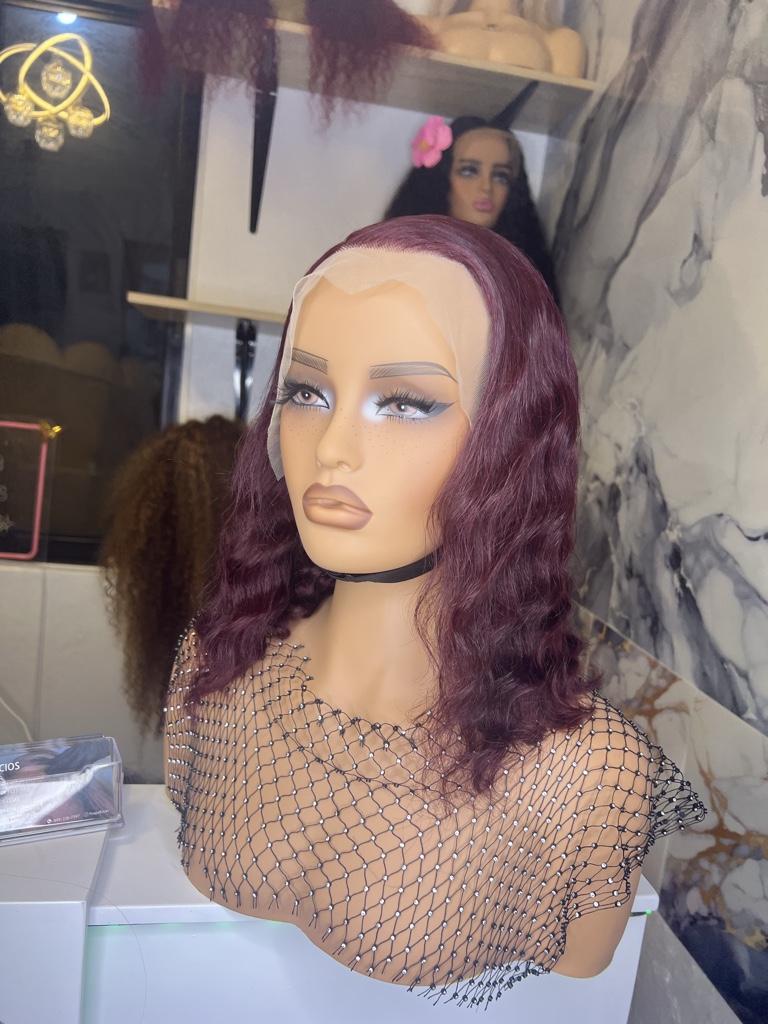 Peluca Humana  Rizada Rojo Vino 200 De Densidad Frontal 13x4 #14