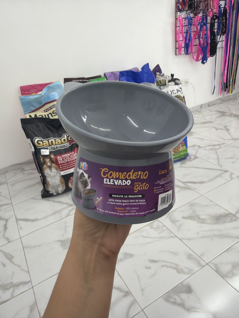 Comedero elevado gris y rosa  para gato