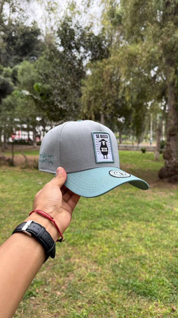 Gorra gris con visera celeste Se busca la 100