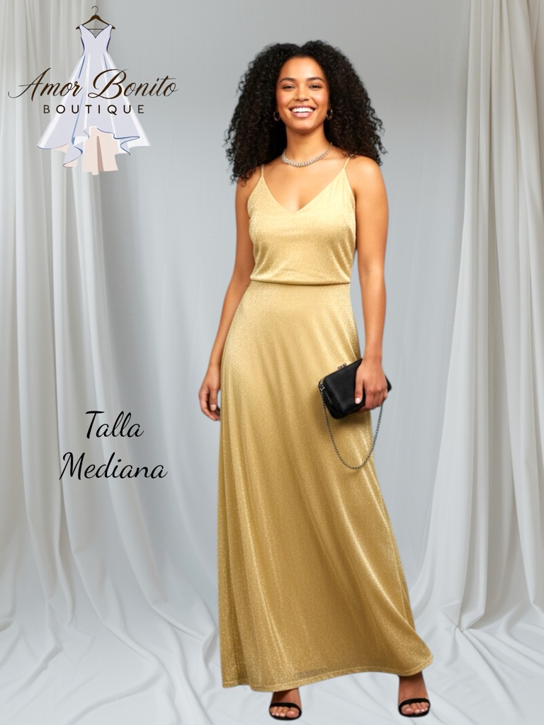 Vestido dorado brillos largo
