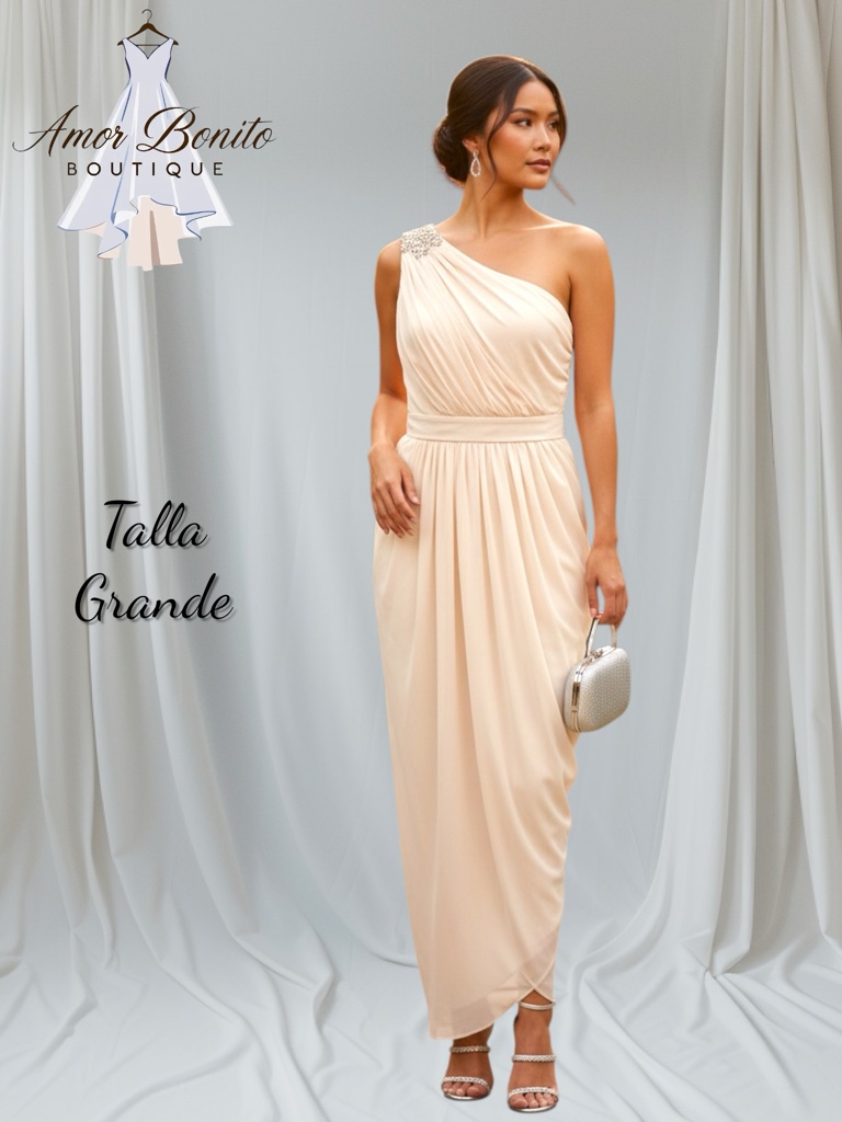 Vestido beige detalle plata en hombro