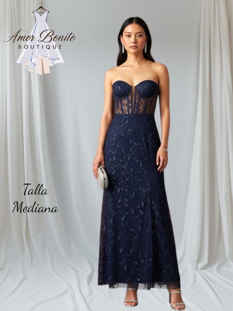Vestido azul marino strapless hojas