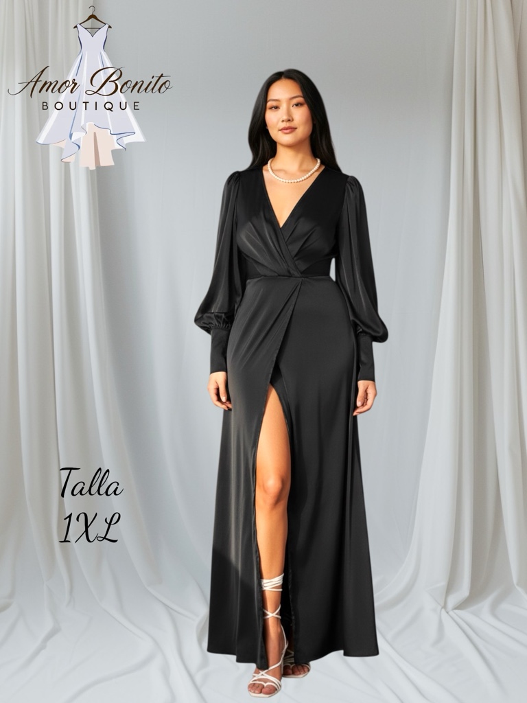 Vestido negro manga larga satinado