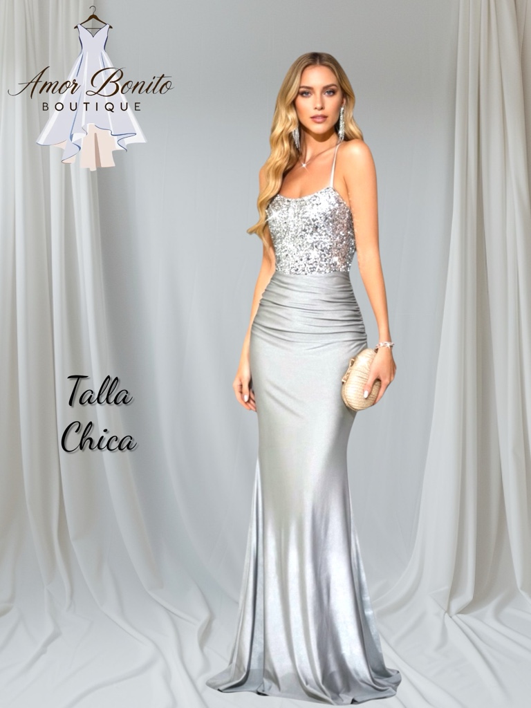 Vestido plateado largo lentejuela