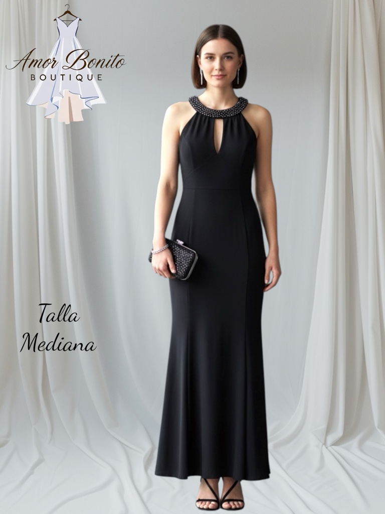 Vestido negro halter espalda mesh