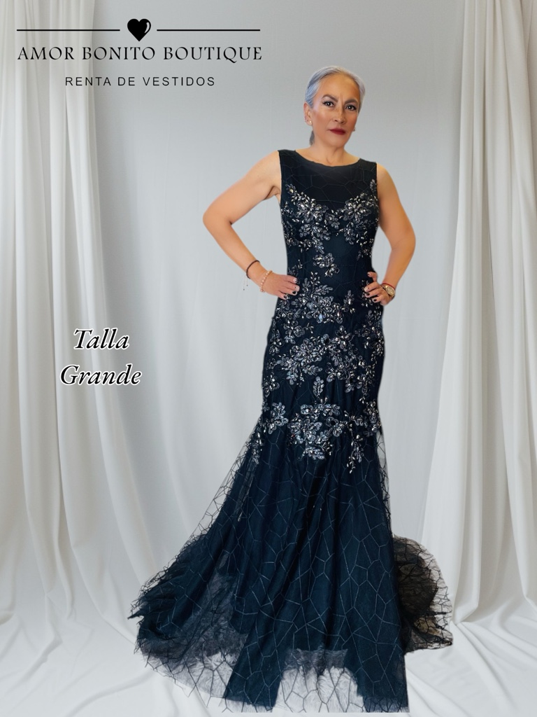 Vestido negro aplicaciones corte sirena