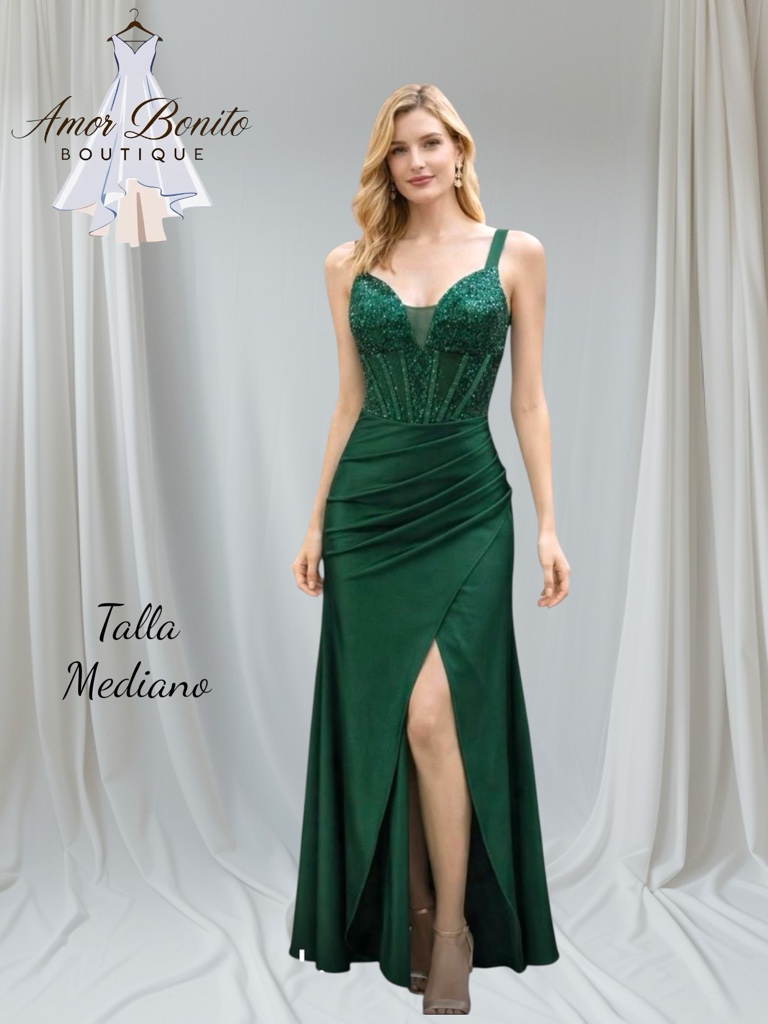 Vestido verde esmeralda satin lentejuela