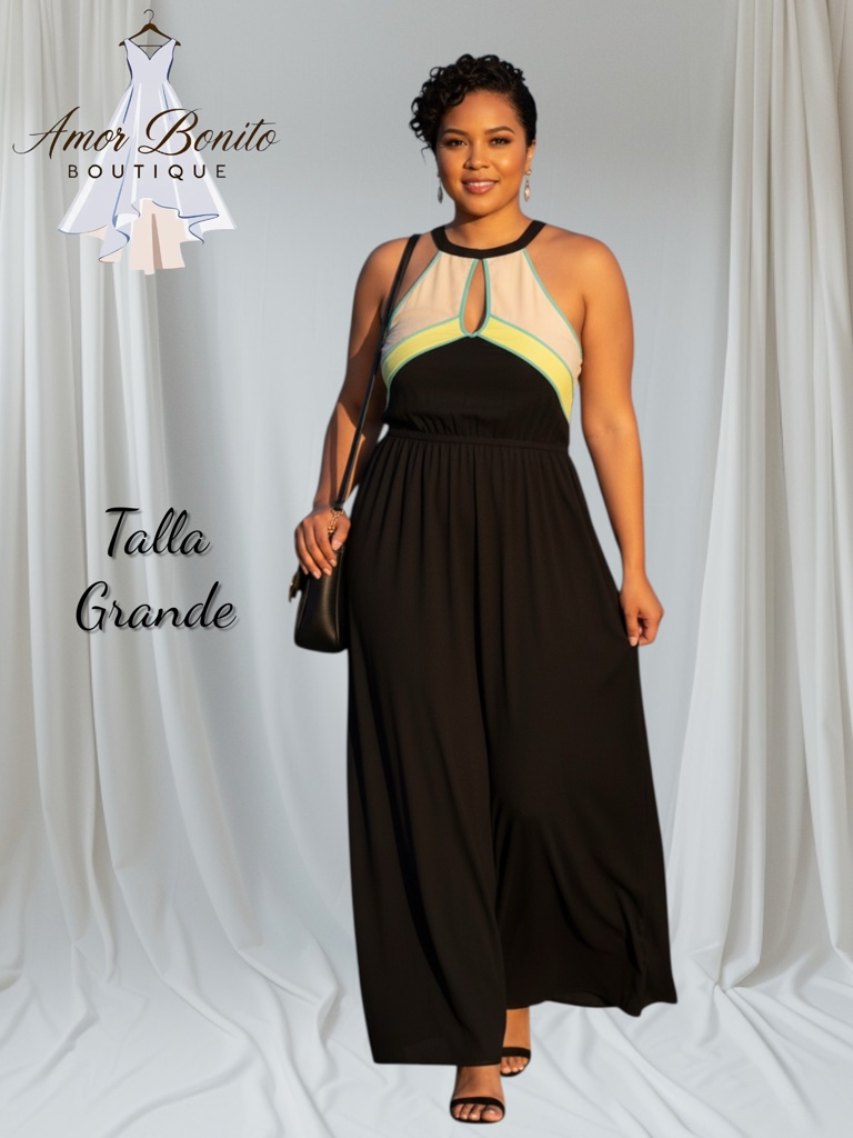Vestido negro halter detalles en color