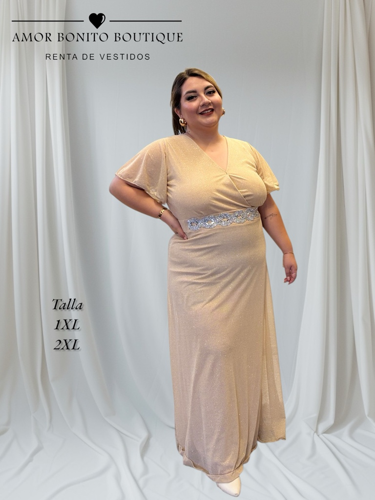 Vestido beige brillos