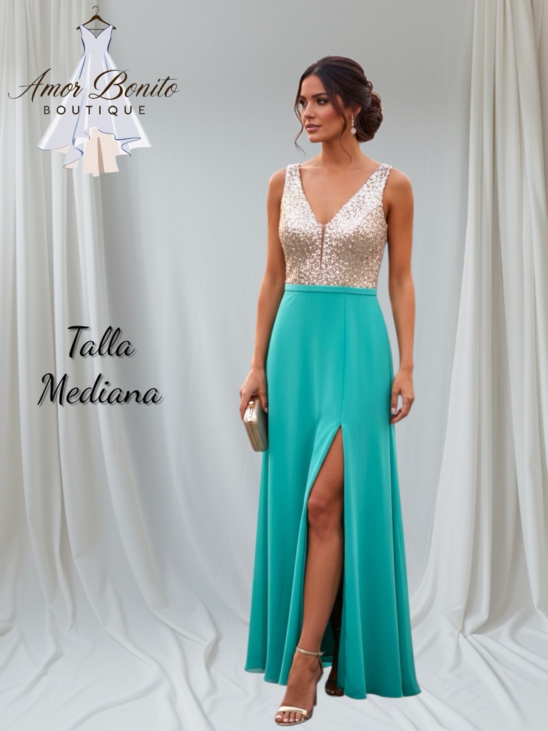 Vestido turquesa plata brillante